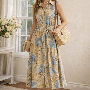 Dress Forum Floral Print Collared Midi Dress Size L Boho Cottagecore Prairie 90s